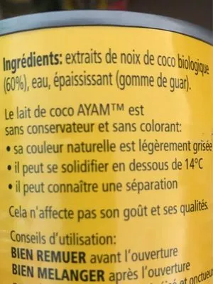 List of product ingredients Lait de coco bio Ayam 400 ml