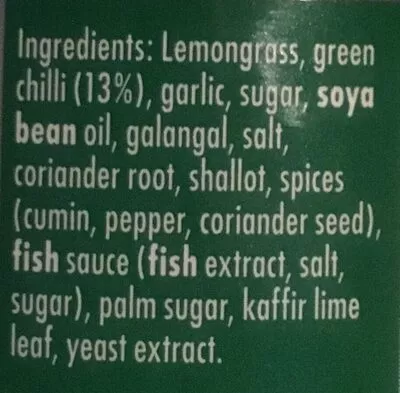 Lista de ingredientes del producto Thai Green Curry Paste Ayam 195g