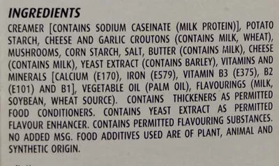 Liste des ingrédients du produit Mushroom, cheese and croutons cream soup Campbell's 163 g