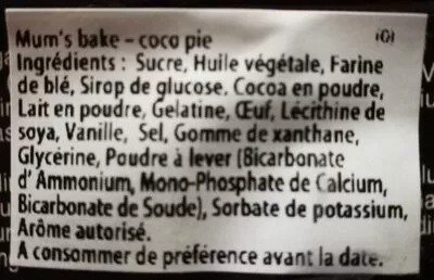Lista de ingredientes del producto cocopie Mum's bake 150 g
