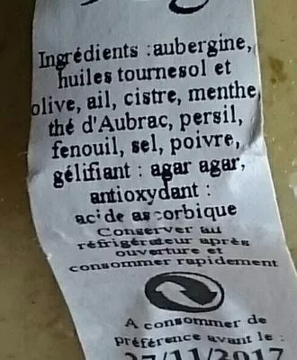 List of product ingredients Caviar d'Aubergine  
