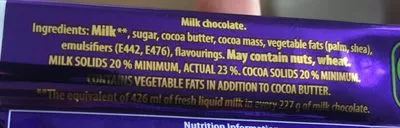 Liste des ingrédients du produit dairy milk chocolate bar Cadbury 