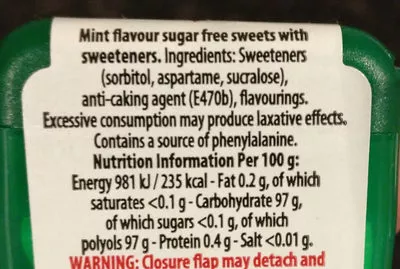 Liste des ingrédients du produit Trebor Mighties Mint Flavoue Trebor, Mondelez 12.6 g