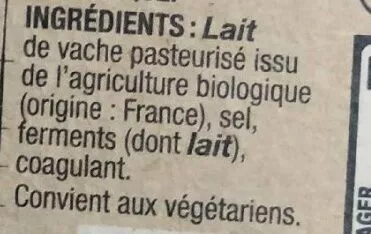 List of product ingredients Notre camembert bio Les 300 & bio 