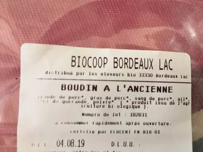 Liste des ingrédients du produit Boudin à l’ancienne Biocoop Bordeaux lac 240g