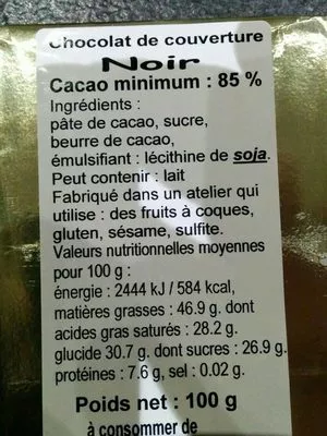 Lista de ingredientes del producto Chocolat de Couverture Noir Barry 100 g