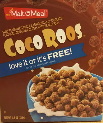Coco roos sweetened chocolate flavored corn puff cereal with real cocoa, chocolate Mom Brands, Malt-O-Meal 11.5 oz, 326 g, code 0042400108030