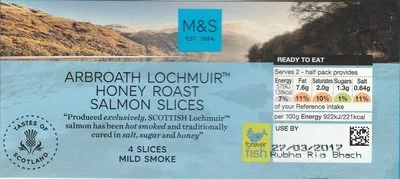 Arbroath Lochmuir Honey Roast Salmon Slices Marks & Spencer 125 g (4 tranches), code 00437622