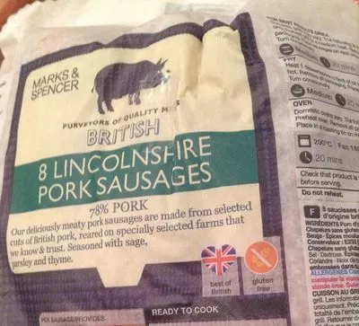 8 Lincolnshire Pork Sausages Marks & Spencer 454 g e, code 00646321