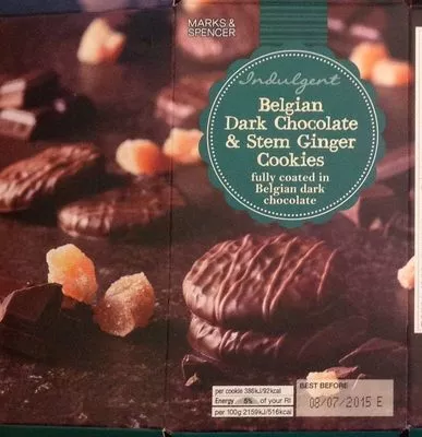 Belgian Dark Chocolate & Stem Ginger Cookiers Marks & Spencer 125 g e, code 00879330