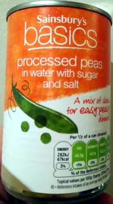 Processed peas in water with sugar and salt Sainsbury's, sainsbury's basics 300 g, drained 190 g, code 01019735