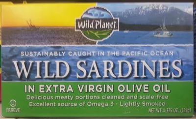 Lightly smoked wild sardines in extra virgin olive oil, lightly smoked Wild Planet 4.375 oz, code 0829696000800