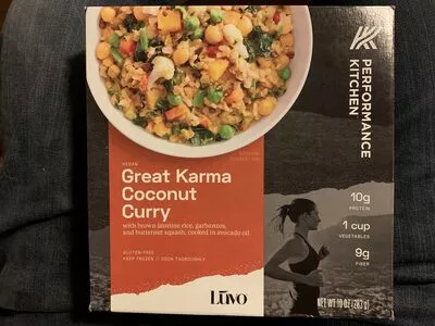 Great karma coconut curry bowl with brown jasmine rice, garbanzos, and butternut squash, cooked in avocado oil, great karma coconut curry Performance Kitchen 283g, code 0840423101751
