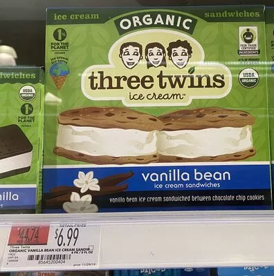 Vanilla bean ice cream sandwiched between chocolate chip cookies, vanilla bean Three Twins Ice Cream , code 0856452004048