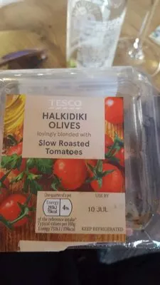 Halkdiki olives with slow roasted tomatoes Tesco 160 grammes , code 10009246