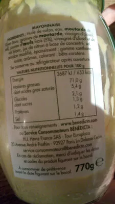 mayonnaise aux oeufs frais Bénédicta,  Heinz 770g, code 12441785