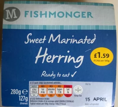 Sweet Marinated Herring Morrisons 280 g (drained: 127 g), code 2325520401594