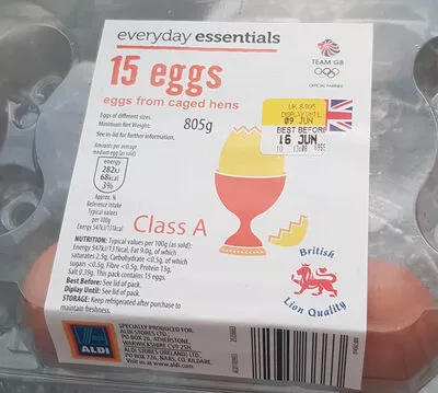 Eggs everyday essentials, Aldi 15 eggs (805 g), code 25356663