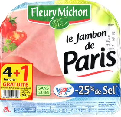 Le Jambon de Paris (- 25 % de Sel) 4 Tranches +1 Gratuite Fleury Michon 160 g + 40 g = 200 g, code 3095751412018