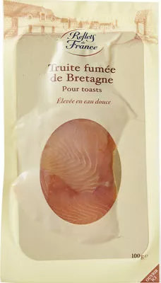 Truite fumée d'Aquitaine Elevée en eau douce MINI TRANCHES Reflets de France, Carrefour 100 g, code 3245390035547