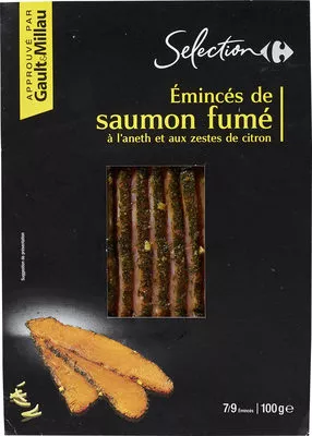 Émincés de saumon fumé à l'aneth et aux zestes de citron Carrefour Sélection, Carrefour 100 g e, code 3245411891855