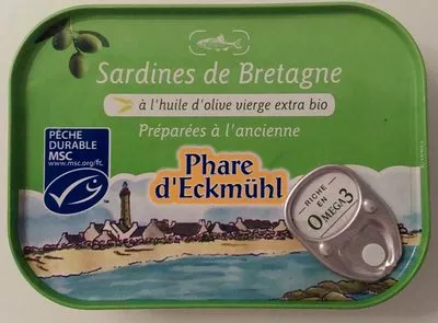 Sardines de Bretagne à l'Huile d'Olive Vierge Extra Bio Phare d'Eckmühl 115 g (égoutté : 87 g), code 3263670114614