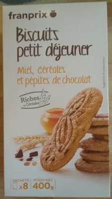 Biscuits Petit Déjeuner Miel, Céréales et Pépites de Chocolat Franprix, Distribution Franprix 400 g e (8 * 50 g), code 3263850576614