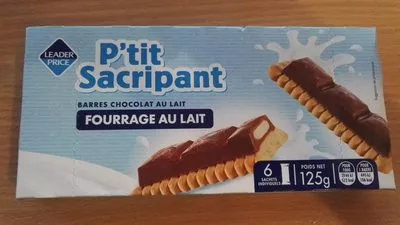 P'tit Sacripant barres chocolat au lait, fourrage au lait Leader Price 125 g, code 3263852667310