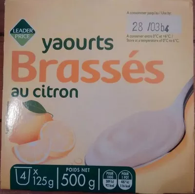Yaourts Brassés au Citron Leader Price, DLP (Distribution Leader Price), Groupe Casino 500 g (4 * 125 g), code 3263859620813