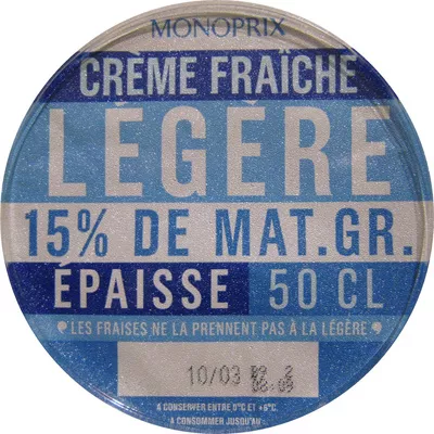 Crème fraîche légère 15 % de Mat. gr. épaisse Monoprix, Monoprix Exploitation, Groupe Casino 50 cl, code 3350030152949