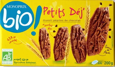 Petits Déj' muesli pépites de chocolat Monoprix Bio, Monoprix 200 g, code 3350031950223