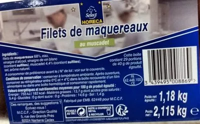 Filets de maquereaux au muscadet Horeca Select 2.115 kg - 1.18 kg net egoutté, code 3439495008869