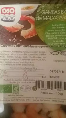Crevettes Bio Décortiquées, (60 / 80), 100g Oso , code 3458881300653