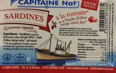 Sardines à la tomate Capitaine Nat 115 g (égoutté : 75 g), code 3522920001334