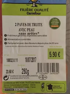 2 Pavés de Truite avec Peau sans arêtes Filière Qualité Carrefour, Carrefour, Bretagne Truite 250 g, code 3523680369030