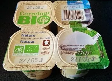 Yaourt au lait entier nature Carrefour Bio 500 g (4 x 125 g), code 3560070845408