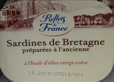 Sardines de Bretagne préparées à l'ancienne à l'huile d'olive vierge extra Reflets de France, Carrefour 115 g (87 g net égoutté), code 3560070894772