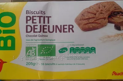 Biscuits Petit Déjeuner Chocolat Quinoa Auchan, L'oiseau, Auchan Production, Groupe Auchan 205 g, code 3596710326921