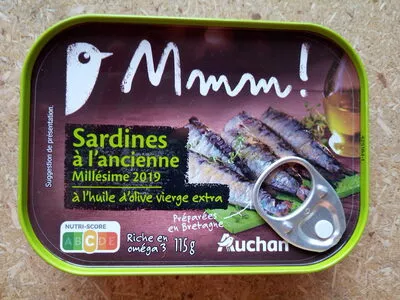 Sardines à l'ancienne millésime 2019 à l'huile d'olive vierge extra AUCHAN MMM 115 g, code 3596710383245