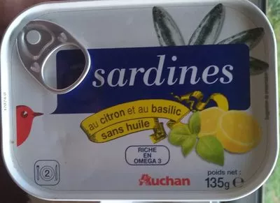 Sardines au citron et au basilic sans huile Auchan 135 g (95 g égoutté), code 3596710396139