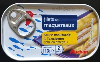 Filets de maqueraux, sauce moutarde à l'ancienne Auchan 113 g e, code 3596710402045