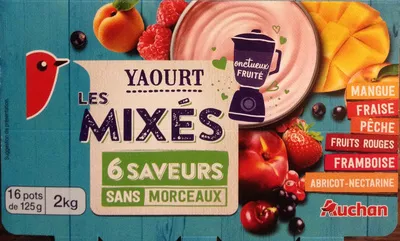 Yaourt aux fruits mixés sans morceaux (16 pots) Auchan, L'oiseau, Auchan Production, Groupe Auchan 2 kg [4 x (4 x 125 g)], code 3596710402526