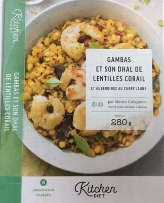 Gambas et son dhal de lentilles corail et aubergines au curry jaune Kitchen Diet 280 g, code 3700569000257