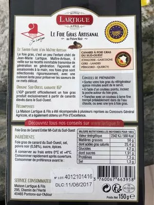 Le Foie Gras Artisanal au Poivre Noir Lartigue & Fils, Lartigue 150 g, code 3760067663958