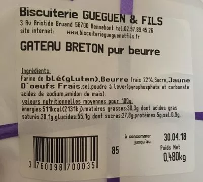 Gateau breton Gueguen & Fils 480 g, code 3760098700035