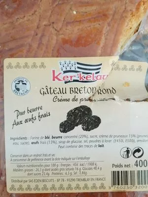 Gâteau Breton Rond Crème de Pruneaux Ker'Kelau, Eden Biscuits 400 g, code 3760250320095