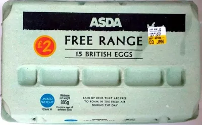 15 free range British eggs Asda 15 eggs, 805g, code 5000326010498