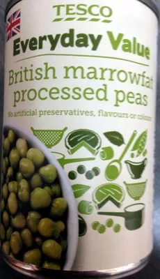 British marrowfat processed peas Tesco 180g, code 5018374320162