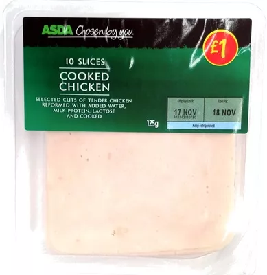 10 slices Cooked chicken Asda 125g, code 5052449332131