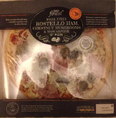Wood fired rostello ham, chestnut mushrooms & mascarpone 12'' pizza Tesco Finest, tesco 436g, code 5053947757426